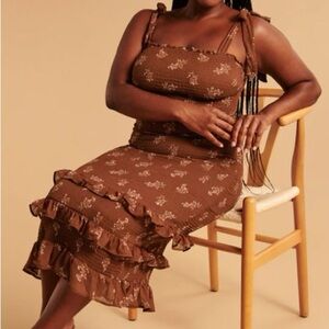 A&F Tie-Strap Smocked Tiered Ruffle Midi Dress brown floral pattern